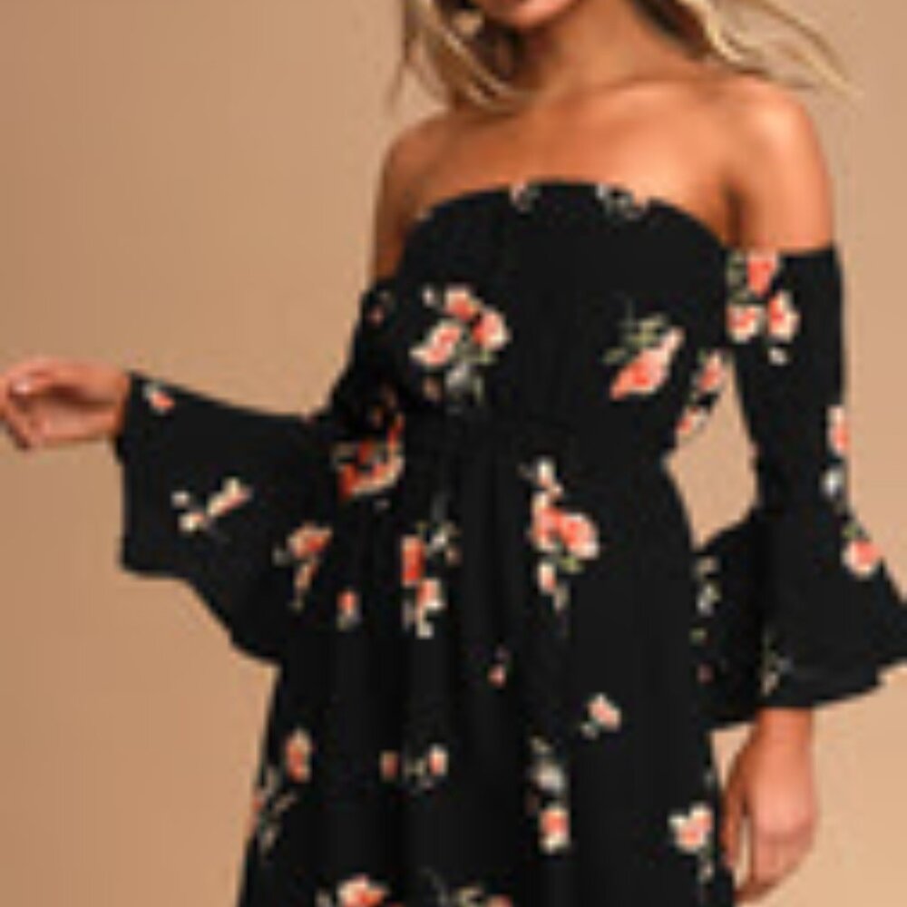 Lulus lush gardens black floral print off the shoulder mini dress